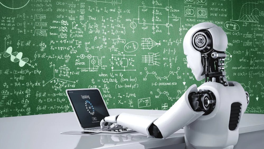 Graficzne przedstawienie uczenia maszynowego – robot wprowadzający dane do komputera, w tle zielona tablica z obliczeniami matematycznymi