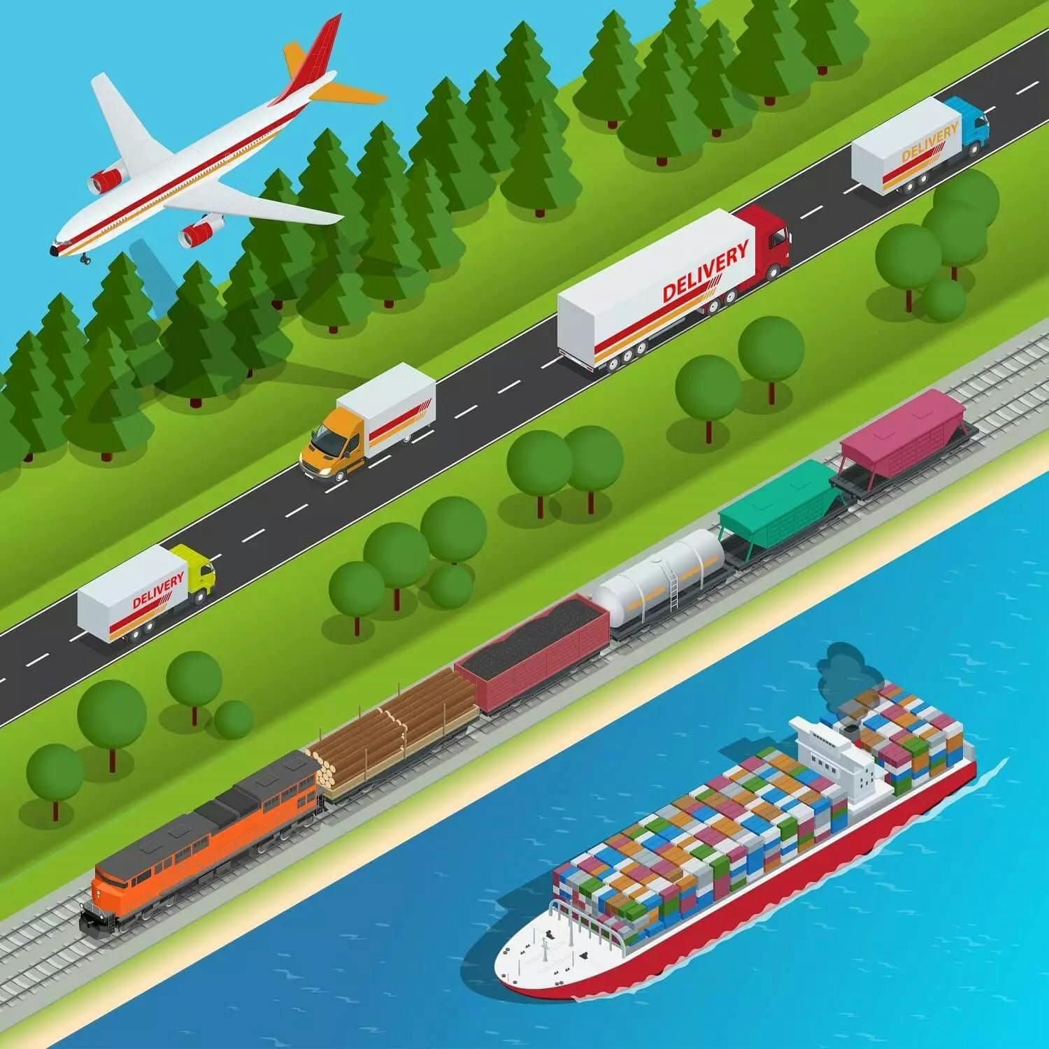 Transport multimodalny przedstawiony graficznie – różne gałęzie transportu