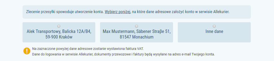 wybierz na jakie dane utworzyć konto paleta za granice